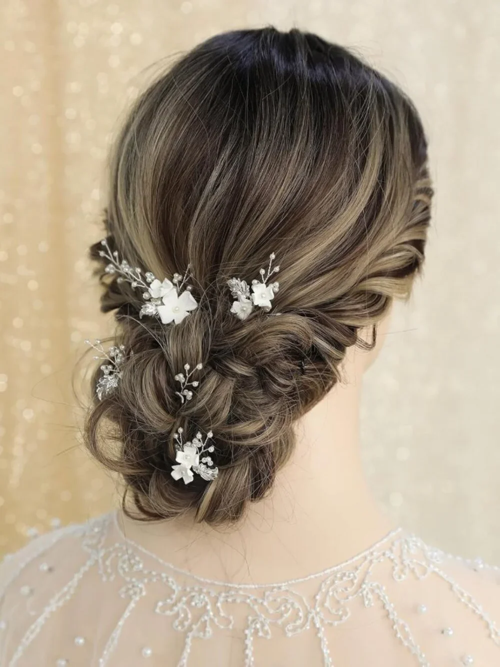 Elegant Handmade Pearl Wedding Hair Pins - 6 White Flower Gold Leaf Clips for